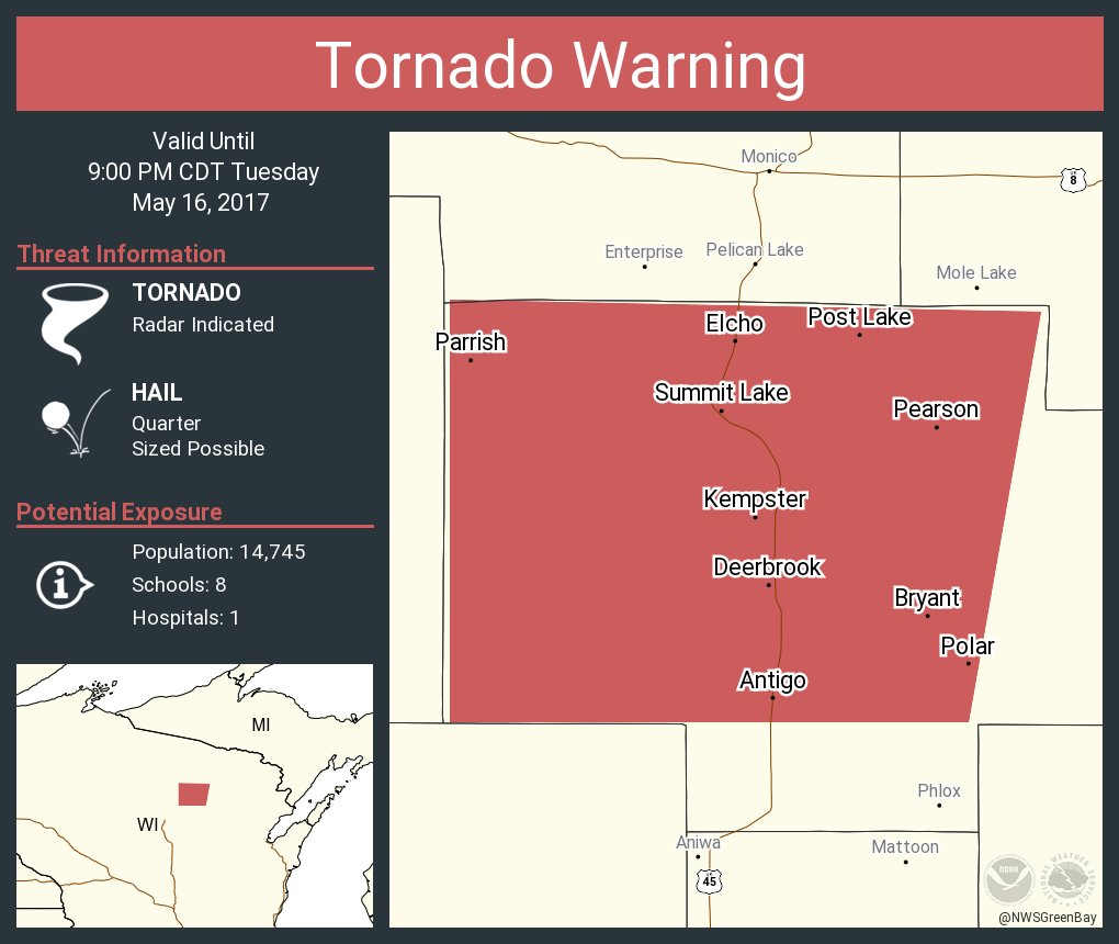 Tornado Warning continues for Antigo WI, Post Lake WI, Elcho WI until 9