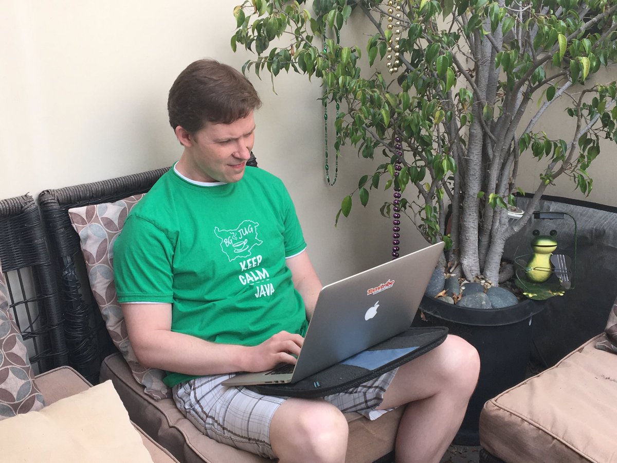 ameliaeiras's tweet photo. @bgjug #usualsuspects ๐ช๐ผ๐๐ look at mi bello โค๏ธ@dblevins owning your shirt #awesome slogan "#keepcalm&codejava today! ๐ป๐๐#patiosummer @java https://t.co/OsotZi2Fkn