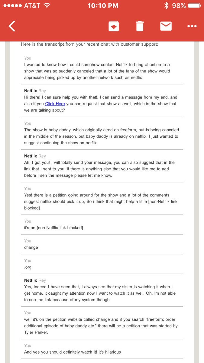 grayspineapples's tweet image. This is the transcript of my convo with a Netflix rep!!! @netflix @msashmyles #SaveBabyDaddy