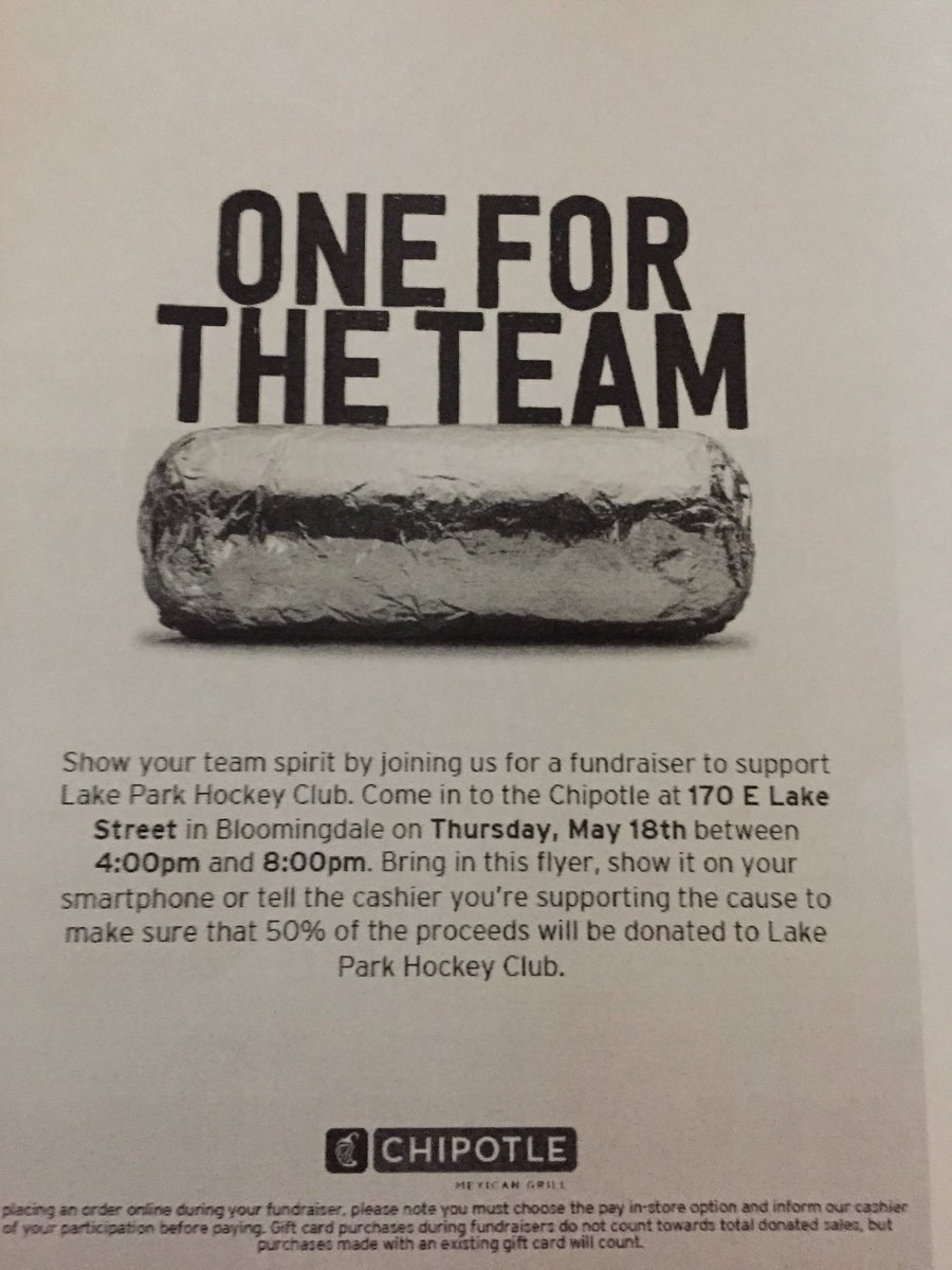 Come support the lake park hockey team by coming to the chipotle in Bloomingdale. Thursday, May 18th between 4:00pm and 8:00pm