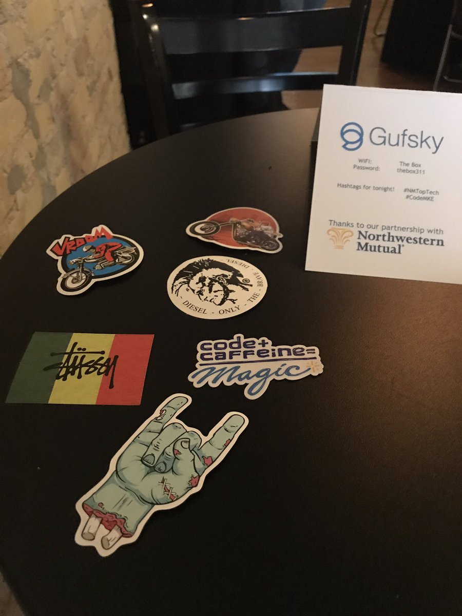 wmwillwilliam's tweet photo. Great sticker swag at @gufskyinc event #NMTopTech. Only thing missing is the new @MilwaukeeFlag sticker. #FinTechMKE https://t.co/w7FoyxPzfd
