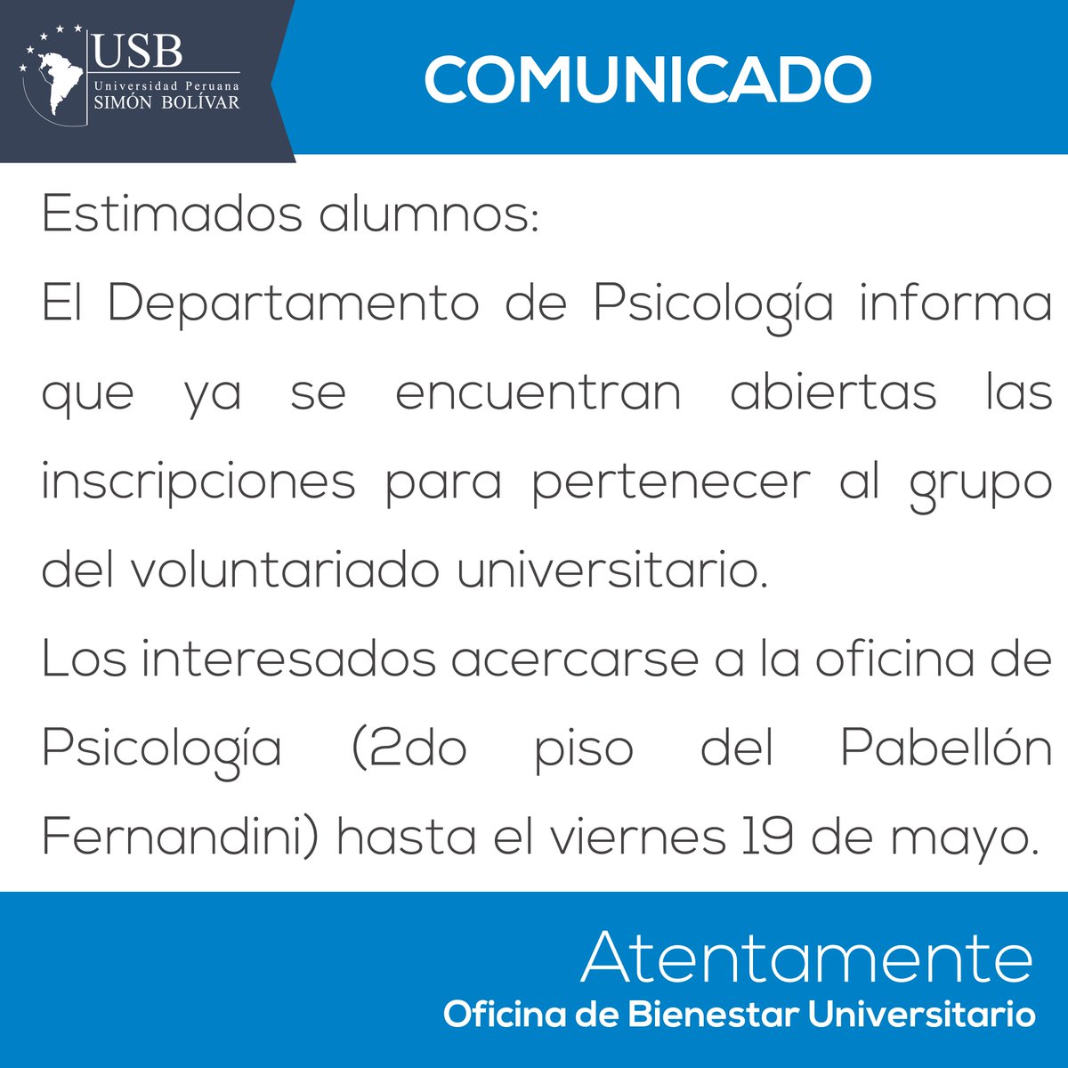 USBedu's tweet photo. #USBinforma Invitamos a los alumnos de la @USBedu a participar del voluntariado estudiantil. Acercarse al Dpto. de Psicología #VidaConÉxito https://t.co/evLYAog3Ne