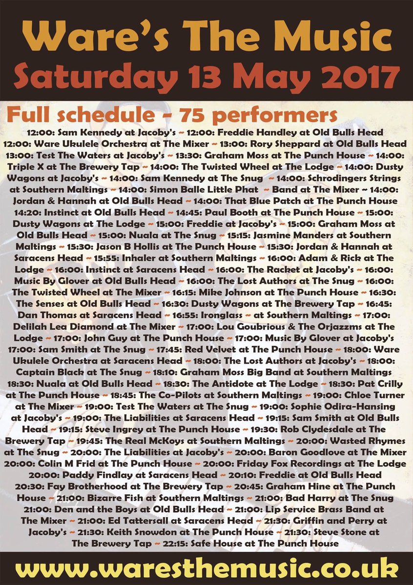 waresthemusic's tweet photo. #waresthemusic
Full schedule for this coming weekend. A massive 75 performances to watch, dance and enjoy.
#keepwarecreative #ware https://t.co/IJrFJIbGN1