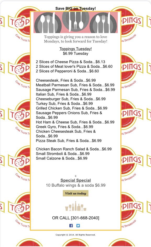 toppingspizza's tweet photo. Anyone saving big with #ToppingsTuesday ? If you'd like to receive weekly emails click here to join! https://t.co/6wnLcQ5YTG https://t.co/JOqJ97Q5U4