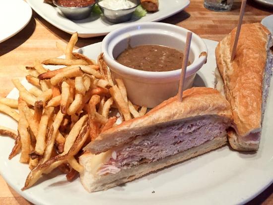 WCGrill's tweet photo. Spit Roasted Turkey Dip ~ Rotisserie turkey shaved to order &amp; topped w/ jack cheese &amp; mayo on a french roll w/ mushroom gravy for dipping. https://t.co/aAej7tid0S