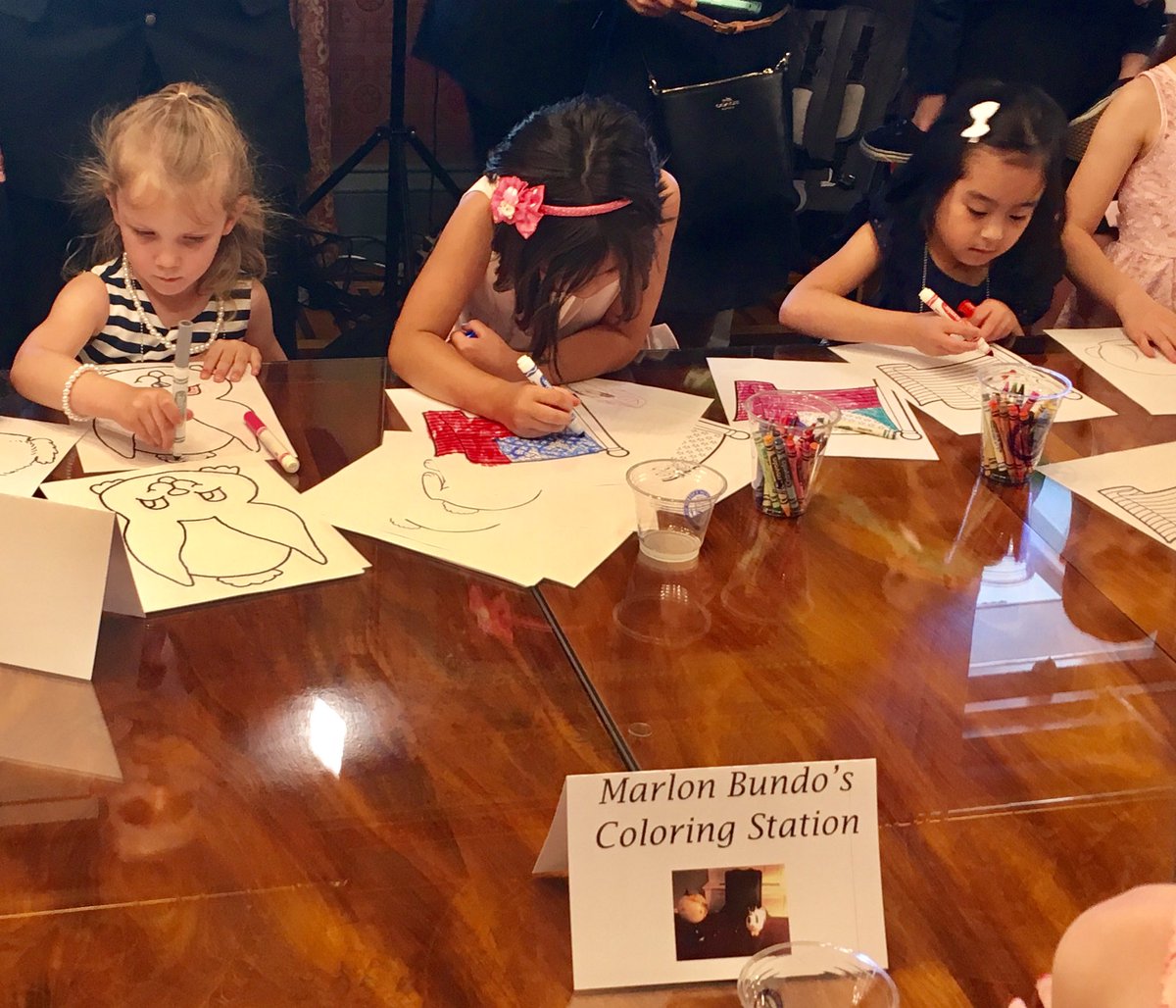 VP45's tweet photo. Children of military families coloring pics of Marlon Bundo awaiting his arrival. @SecondLady &amp; I can't wait to join https://t.co/N4883BxjZk https://t.co/zKat80LwZx