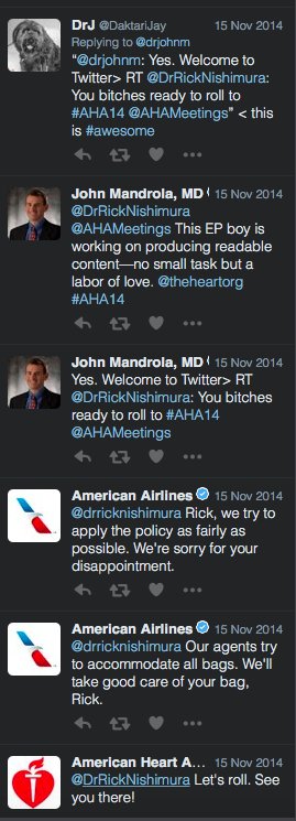 EJSMD's tweet photo. Great moments in conference Twitter history. Fake Rick Nishimura goes to #AHA2014. Account deleted, so only the replies remain. https://t.co/qeA2CgEjga