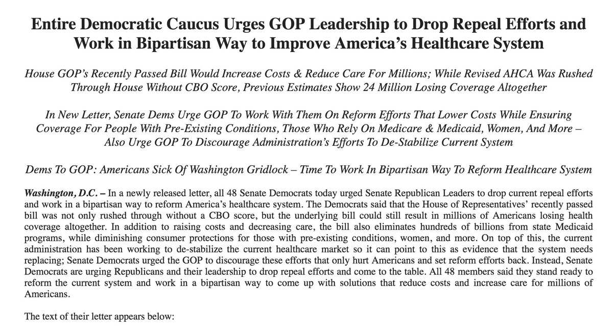 BraddJaffy's tweet image. All 48 members of Senate Democratic caucus write to McConnell asking him to drop Obamacare repeal efforts &amp;amp; work together to fix health care