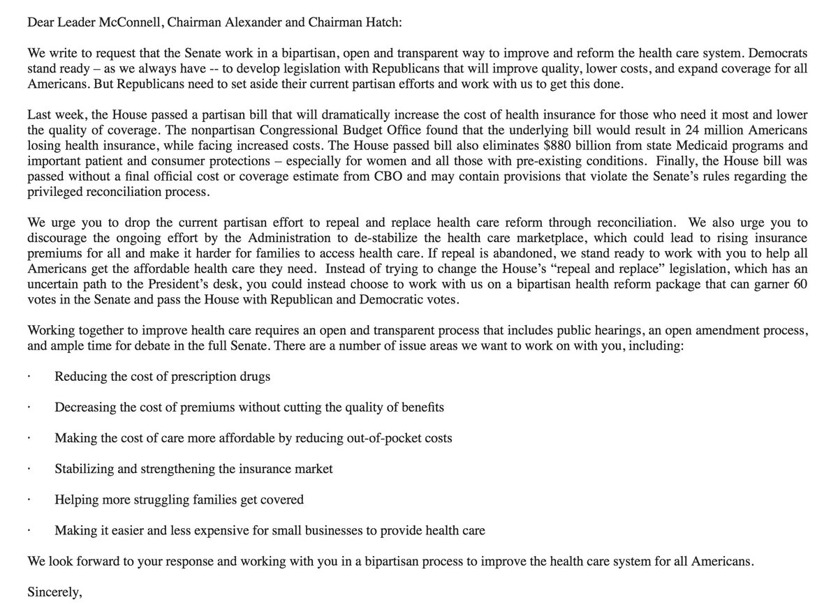 BraddJaffy's tweet image. All 48 members of Senate Democratic caucus write to McConnell asking him to drop Obamacare repeal efforts &amp;amp; work together to fix health care