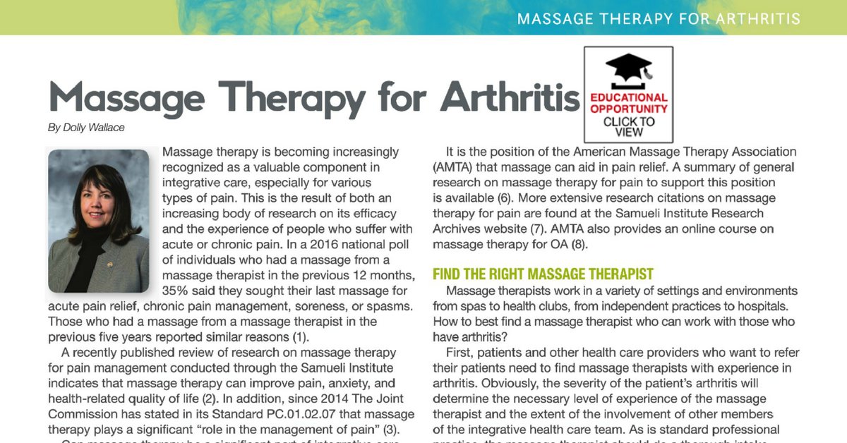 Read "Massage Therapy for Arthritis" by AMTA President Dolly Wallace in @aapainmanage's Pain Practitioner (pg 17) goo.gl/D4mzHo