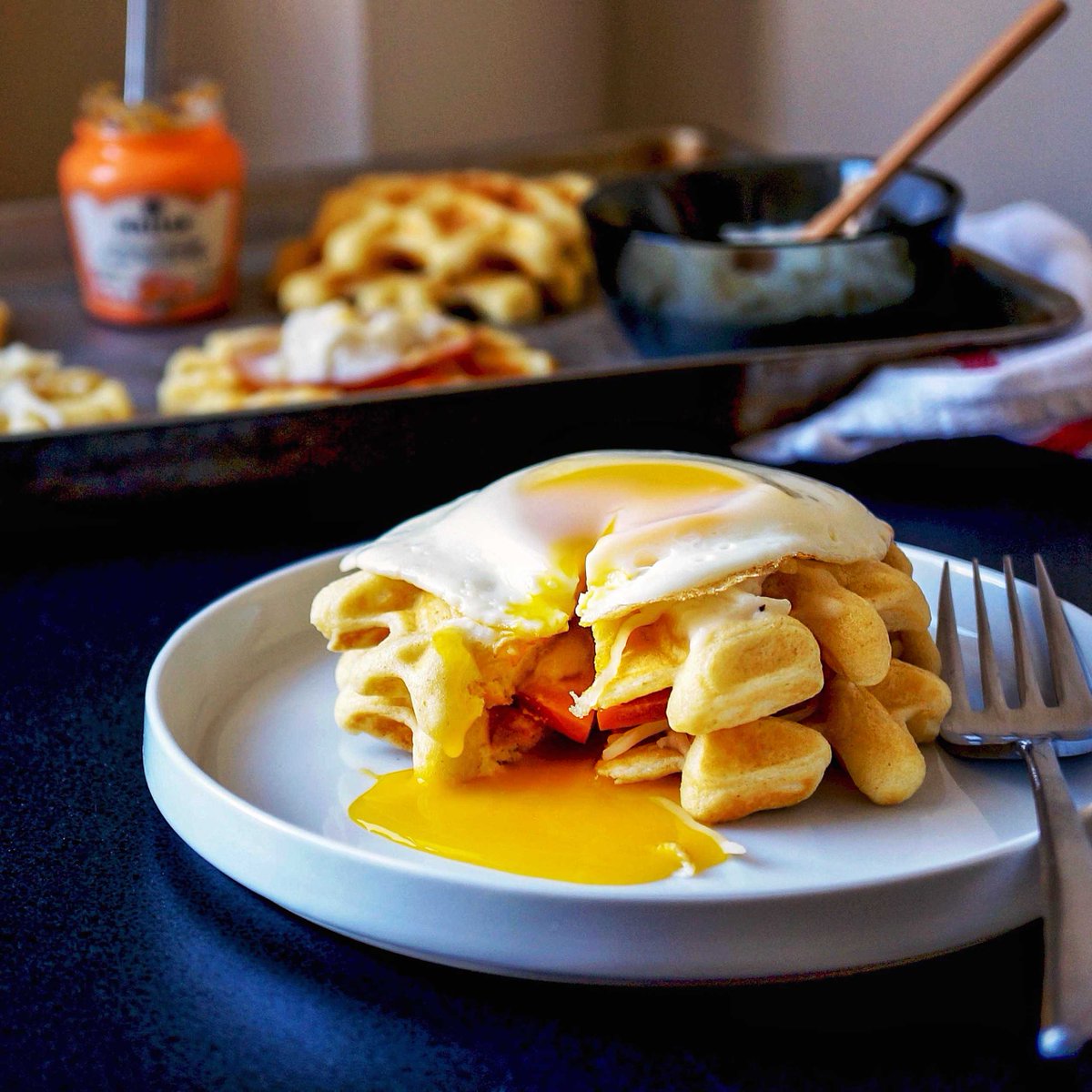 MissHangrypants's tweet photo. A2: Both waffles and eggs! Croque madame style. #Vitamix #feedfeed https://t.co/ckBPCeh82x https://t.co/0Rd4Dt4gL5