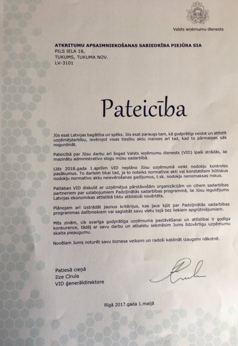 Mūsu uzņēmums lepojas ar saņemto VID atzinību!