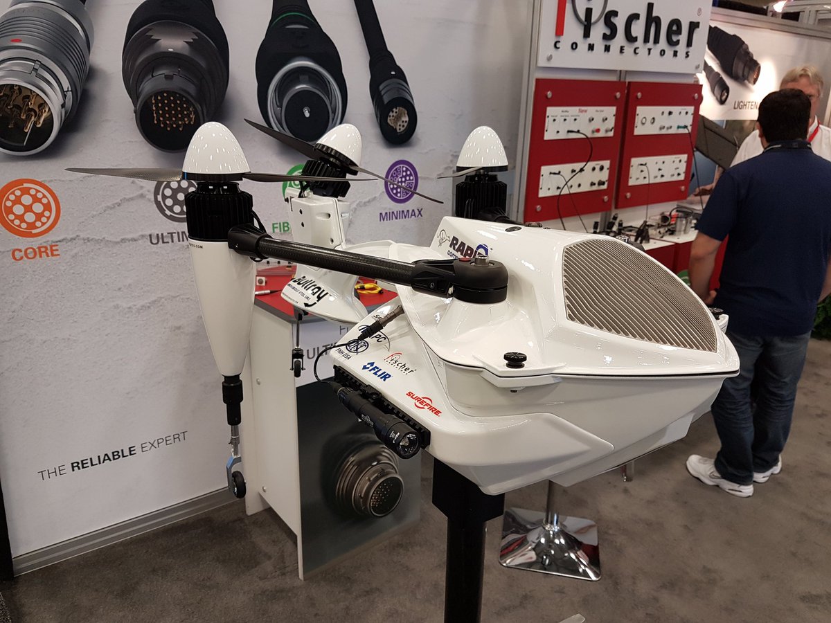 DPMHAUS1's tweet photo. #RapidComposites showcases the #Bullray #amphibious #vtol #uas at #auvsiXPO @AUVSIshow with @FN_America's less lethal launcher; still in r&d https://t.co/0KBgtIi3an
