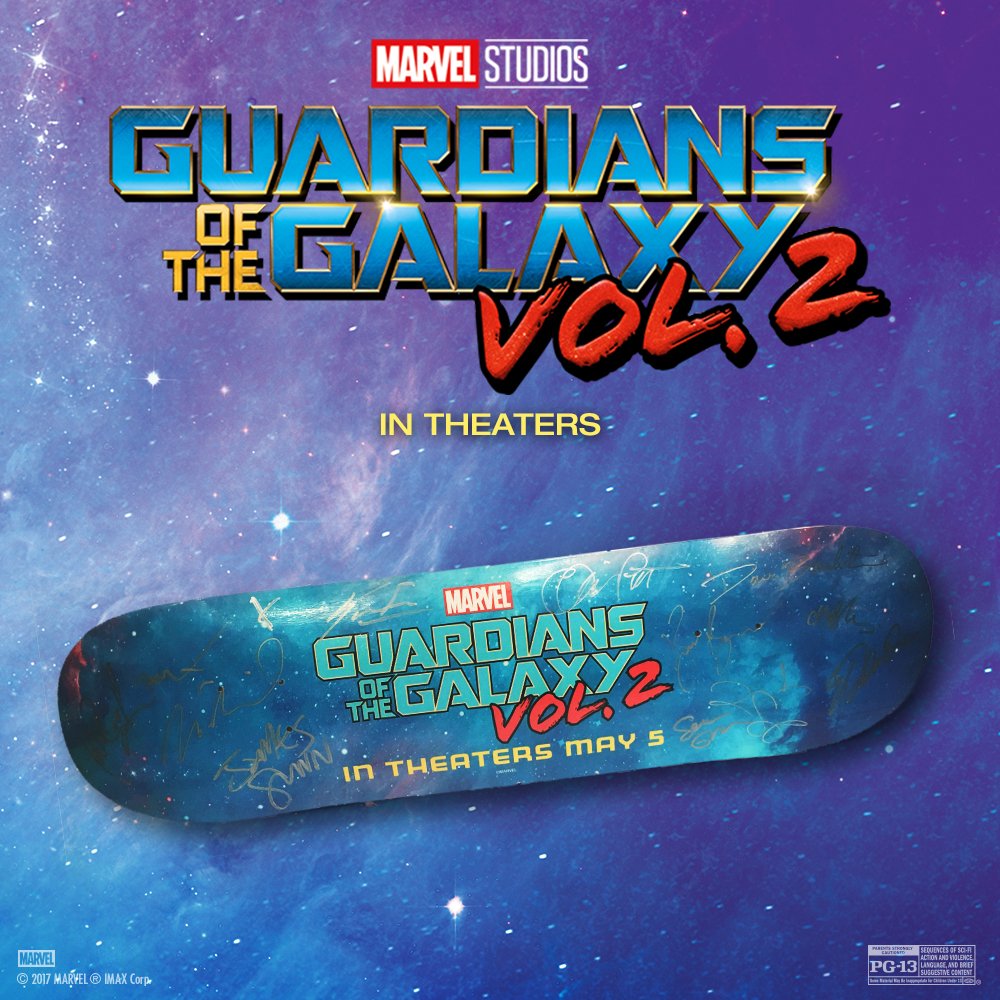 RegalMovies's tweet photo. FOLLOW us &amp; RT for a chance to win this rad skateboard deck signed by the #GOTGVol2 cast! #giveaway Get tickets: https://t.co/NwaIB9rnho https://t.co/jYeqlSD8aD