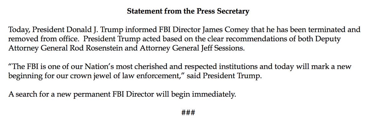 RebMosley's tweet image. BREAKING: FBI Director James Comey has been fired, White House says. ln.is/GpUyP by #nochangeplease via @c0nvey