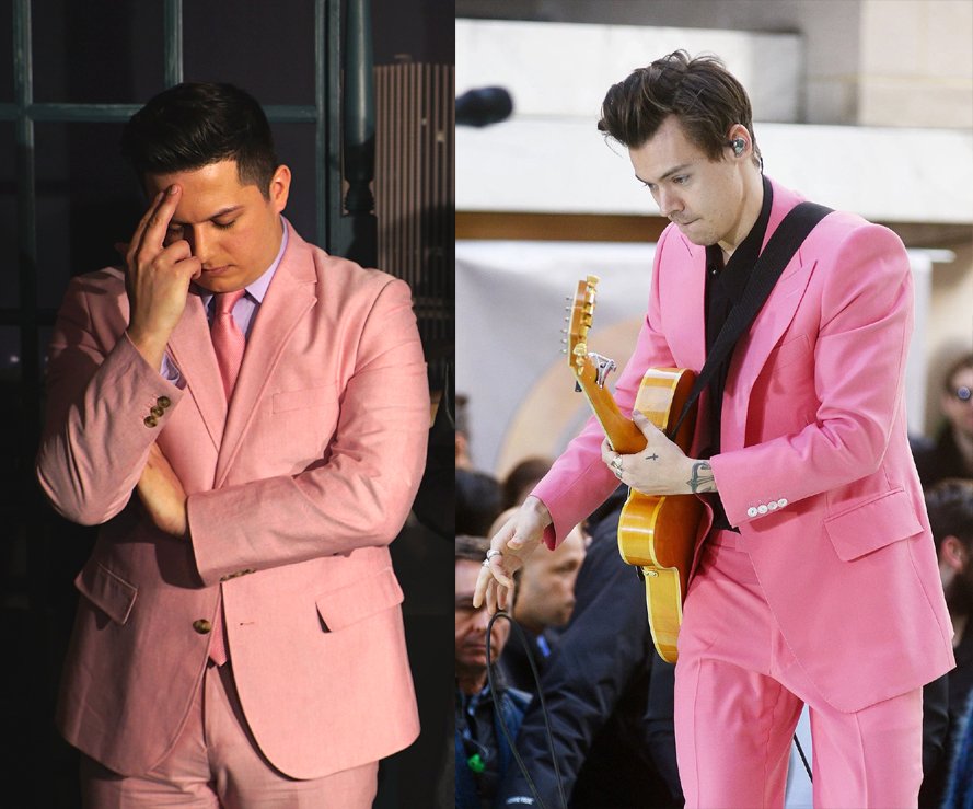 RocRon's tweet photo. TFW @Harry_Styles steals your look. #ididitfirst #pinksuit #pompadour https://t.co/jpbDDRbf36