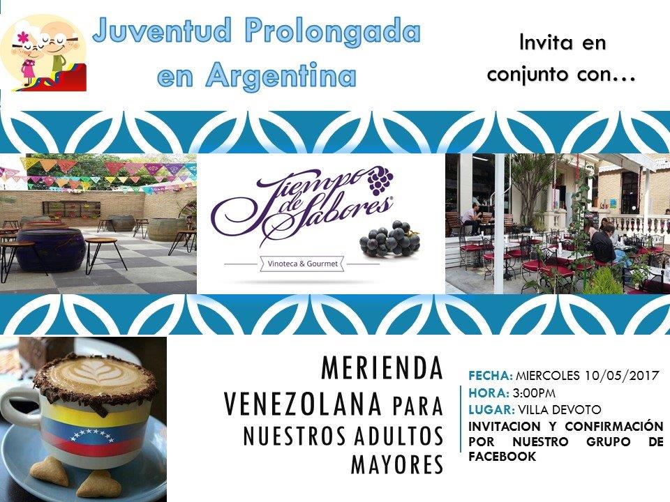 Azabacheonline's tweet photo. #BsAs #Argentina #10Mayo Merienda #Venezolana para nuestros adultos mayores, invita Juventud Prolongada en Facebook #JuntosSomosMas https://t.co/mkr64ZSuHE