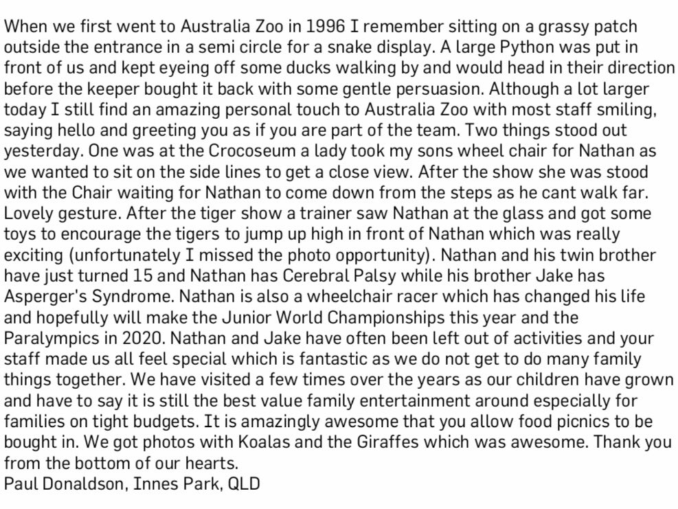 TerriIrwin's tweet photo. Thank you Paul. This letter means so much to me. I am incredibly happy that your family had such a wonderful visit to @AustraliaZoo. https://t.co/q8lVQiuLJT