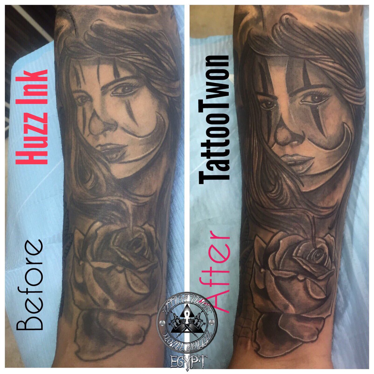 It's always a competition.      #BeforeandAfter #ChicanoTattoos #ClownGirl #Tattoo #TattooTwon #Egypt #TattooEgypt #Cairo #Ink #Inked #Masr