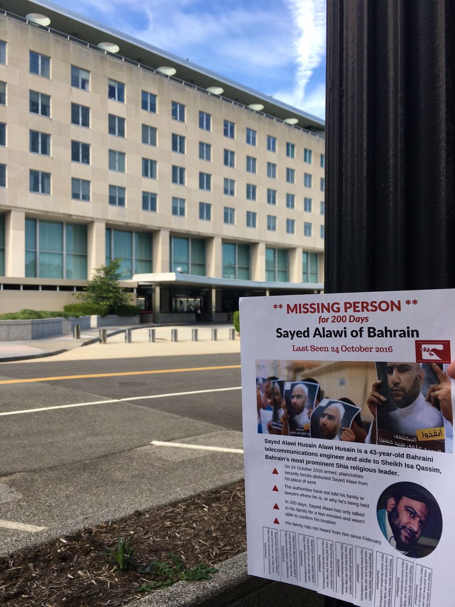 ADHRB's tweet photo. It's day 200 of #SayedAlawi's #arbitrarydetention and #disappearance. @ADHRB is in front of the #US @StateDept asking #WhereIsSayedAlawi? https://t.co/08sEdPkZvF