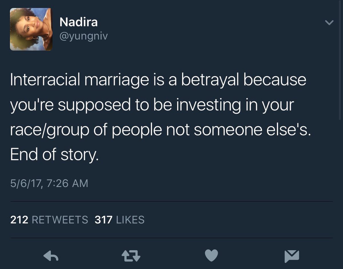 SkyWilliams's tweet photo. 'InTeRrAcIaL MuRrIaGe iS a BeTrAyAl cUz uR aPpOsTa b iNvEsTiNg iN uR rAyCe sLaSh gRoOp oF pPl nOt sOmEoNe eLsE's. eNd oF sToRy dUr'

shut up https://t.co/F1qrAiF1io