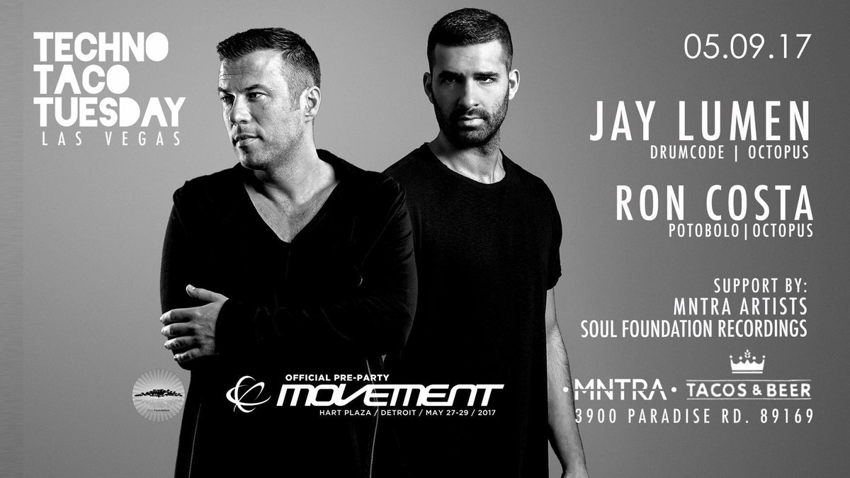 SFRecordings's tweet photo. Tonight @SFRecordings @djbrendad @DJBrianGardner joins @MNTRAvegas #offical @MovementDetroit pre-party #LasVegas #Technotacotuesdays https://t.co/1cM9C9UyOr