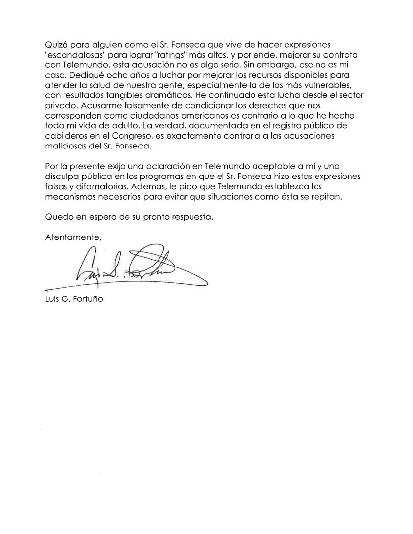 luisfortuno51's tweet photo. Carta enviada ayer al Presidente de Telemundo PR aclarando información falsa difundida por Josué "Jay" Fonseca. https://t.co/r4OMaFiLhg