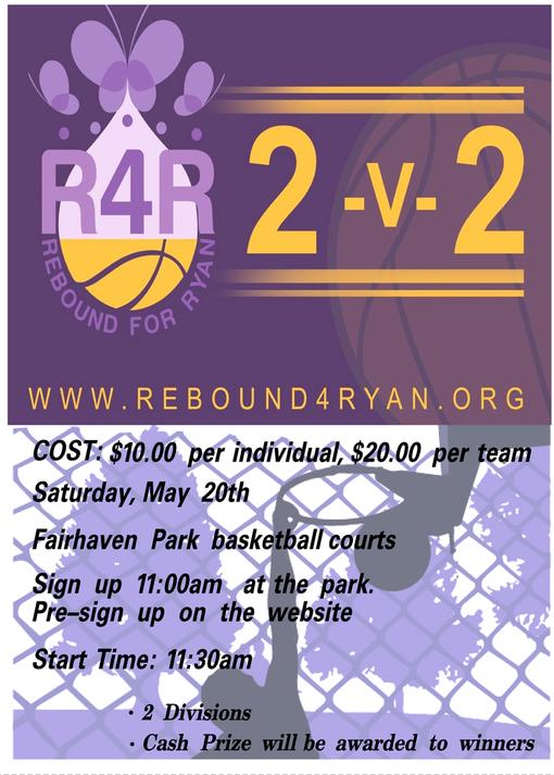 Our 2 v 2 basketball tournament is next Saturday, 5/20! Don't forget to register online 🏀⛹️‍♀️⛹️ rebound4ryan.org/may-20th---2-v…
