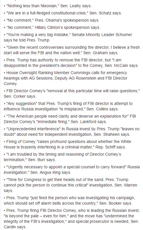 NBCNightlyNews's tweet photo. Reactions to Comey firing:

"Constitutional crisis"
"Fresh start"
"Nixonian"
"Very big mistake"
"Special prosecutor"
https://t.co/83dDwdBYY6 https://t.co/LHEmcpa9EX