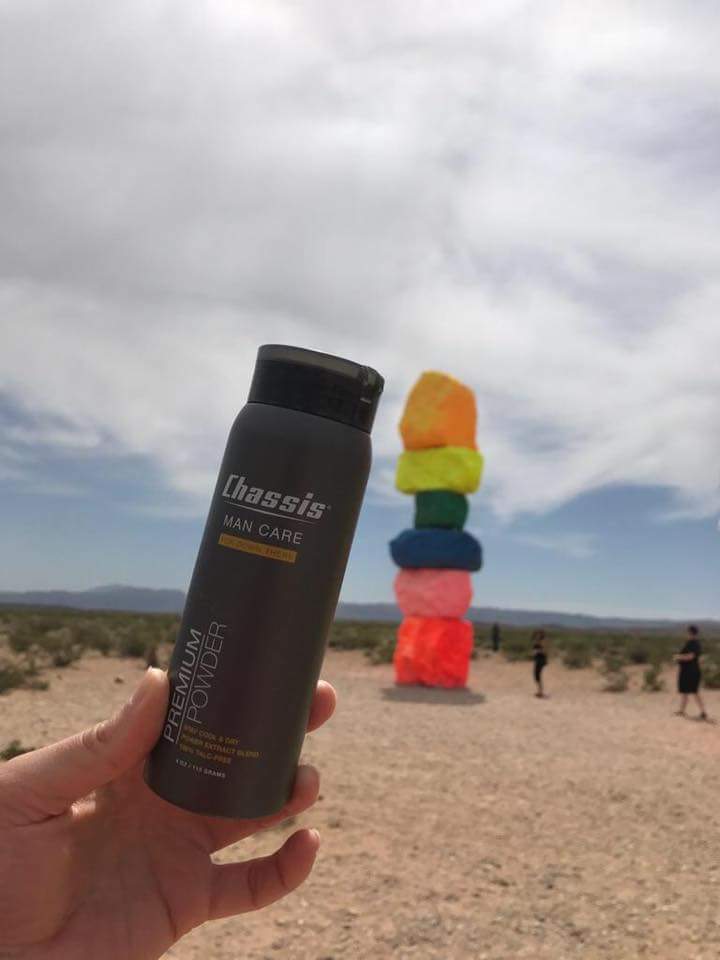 ChassisForMen's tweet photo. Chassis Premium Powder keeps people cool and dry even in the desert. Thanks to one of our customers for the pic at Seven Magic Mountains! https://t.co/XjP2c2AyCc