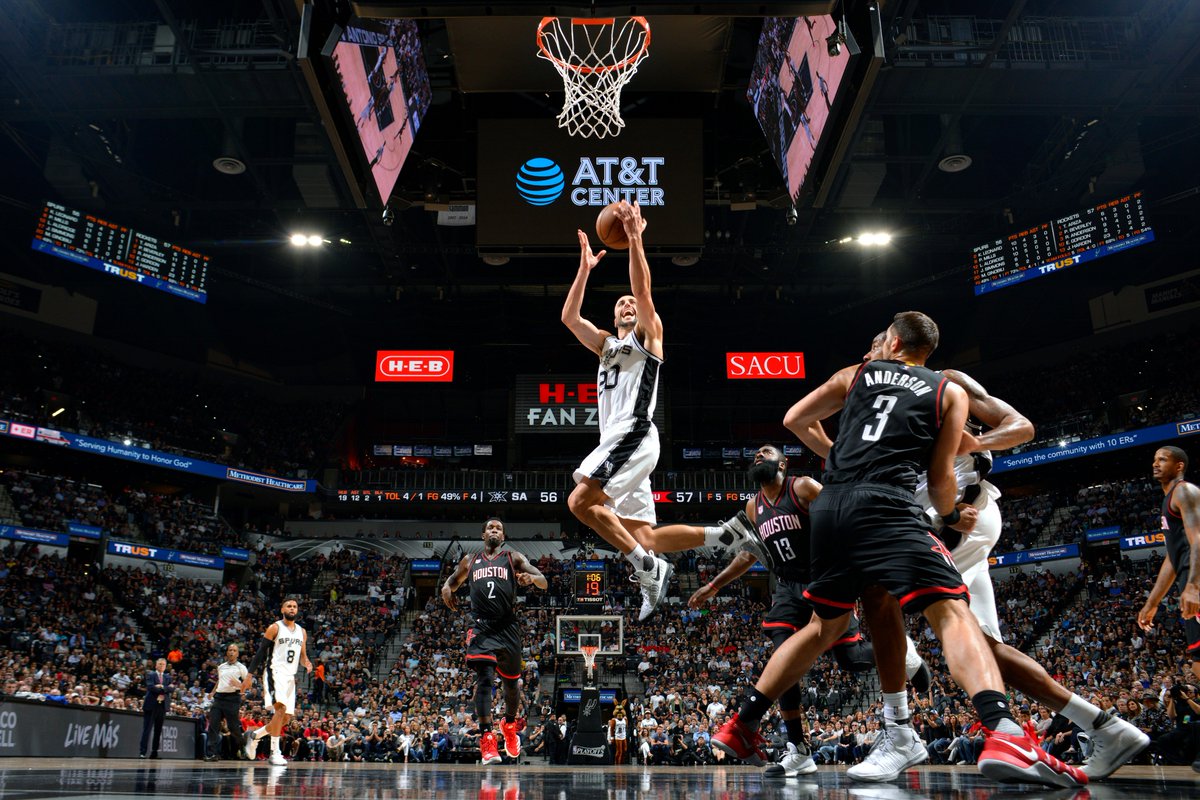 NBA's tweet photo. Manu seals it in OT with a huge block as SA overcomes Harden's triple-double (33/10/10)

FINAL OT - @spurs: 110 @HoustonRockets: 107 https://t.co/IUxHLMboH1