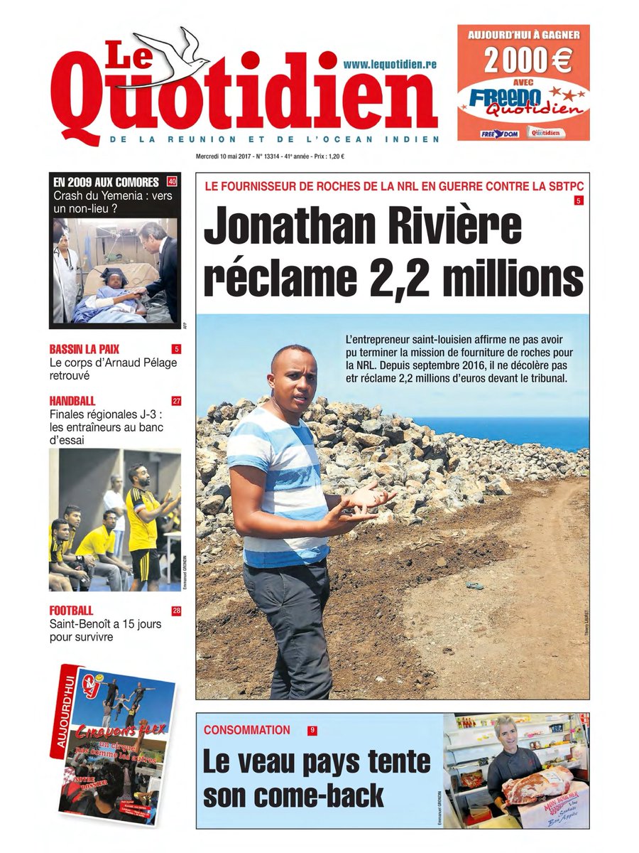 Bonjour 😊
À la Une de ce mercredi 10 mai :
1️⃣ #NRL
2️⃣ #crash #Yemenia
3️⃣ #noyade
4️⃣ #handball
5️⃣ #football
6️⃣ #QJ #cirque
👇🏻