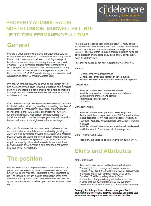 Cjdelemere's tweet photo. WE ARE INTERVIEWING NOW FOR A PROPERTY ADMINISTRATOR ROLE IN N10. PLEASE SEND CV'S TO nicke@cjdelemere.com https://t.co/Ak0MrkWjPx