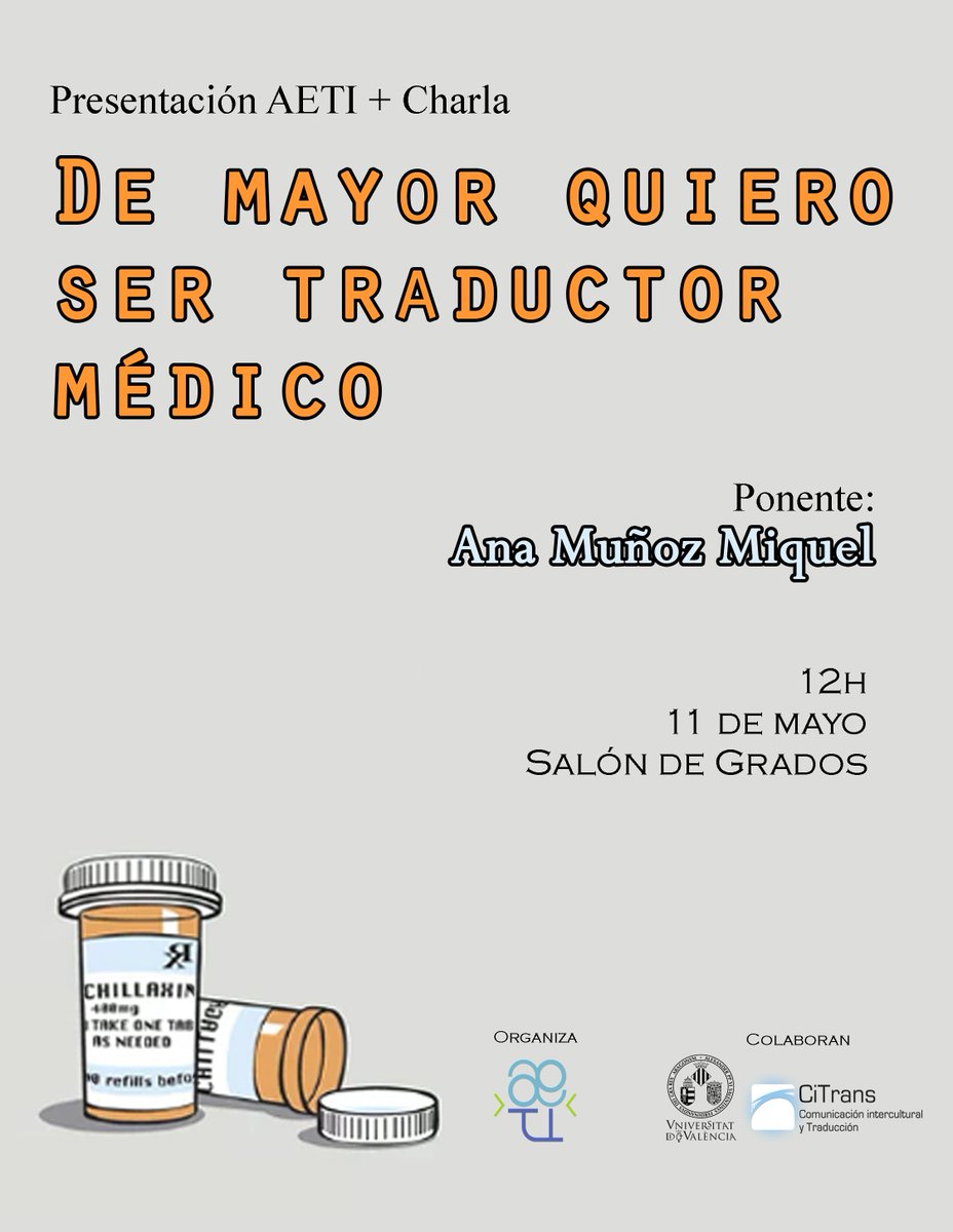 "De mayor quiero ser traductor médico" 💉📝Charla a cargo de Ana Muñoz Miquel. Jueves 11 de mayo a las 12h. #MastersUV ir.uv.es/WE1mKkk