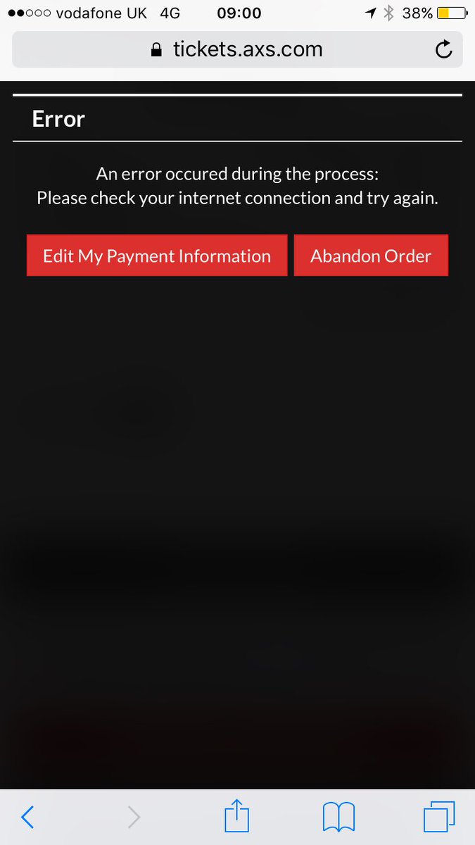 JWoodend's tweet photo. @axs theres something wrong with STB presale. Got seats &amp; when confirming order kept getting an error msg. Now there's none left! Pls help https://t.co/FOmOnea5B9