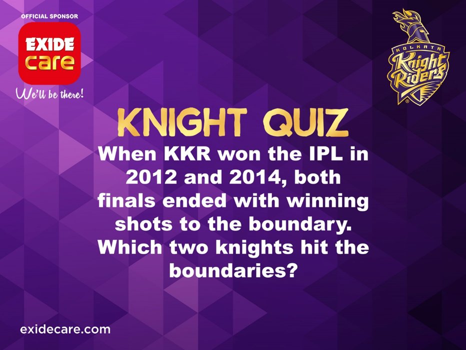 ExideCare's tweet photo. A question only true #KKR lovers would know the answer to! Guess this #KnightQuiz & see the game LIVE!#ExideCare T&C https://t.co/4gCJfJQWxQ https://t.co/cCvzHiB6qT