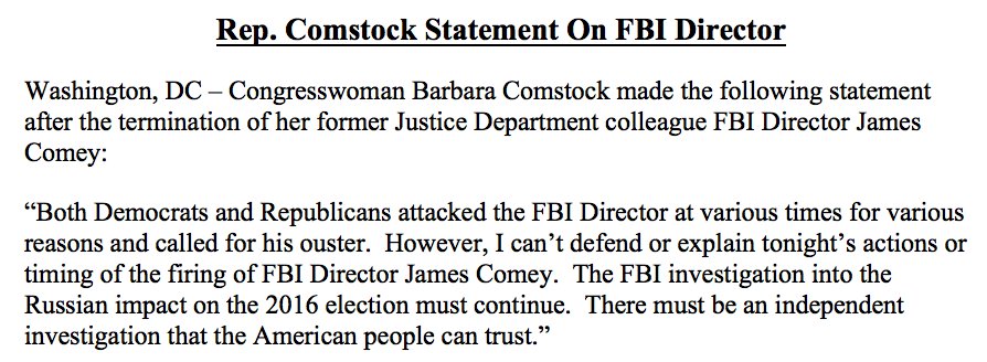My statement on my former Justice Department colleague James Comey. comstock.house.gov/media-center/p… #VA10