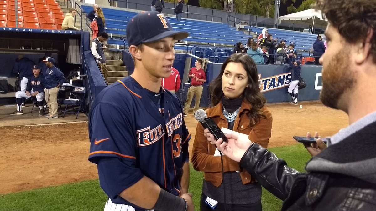 FullertonBSB's tweet photo. Seniors Maxwell Gibbs and Hunter Cullen, and Coach Vanderhook talking to the media after tonight's 4-3 win over UCLA

#TusksUp #SeniorNight https://t.co/V8zQXpiiQw