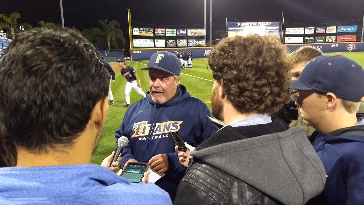 FullertonBSB's tweet photo. Seniors Maxwell Gibbs and Hunter Cullen, and Coach Vanderhook talking to the media after tonight's 4-3 win over UCLA

#TusksUp #SeniorNight https://t.co/V8zQXpiiQw
