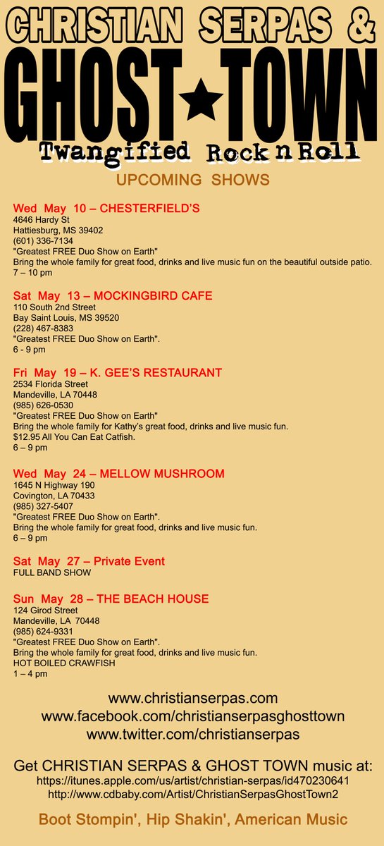 christianserpas's tweet photo. Our May schedule. @LouisianaTravel @OffBeatMagazine @LANorthshore @northshoretodo @debburst @whereyatnola @TanyaLeader https://t.co/LYziay7enx