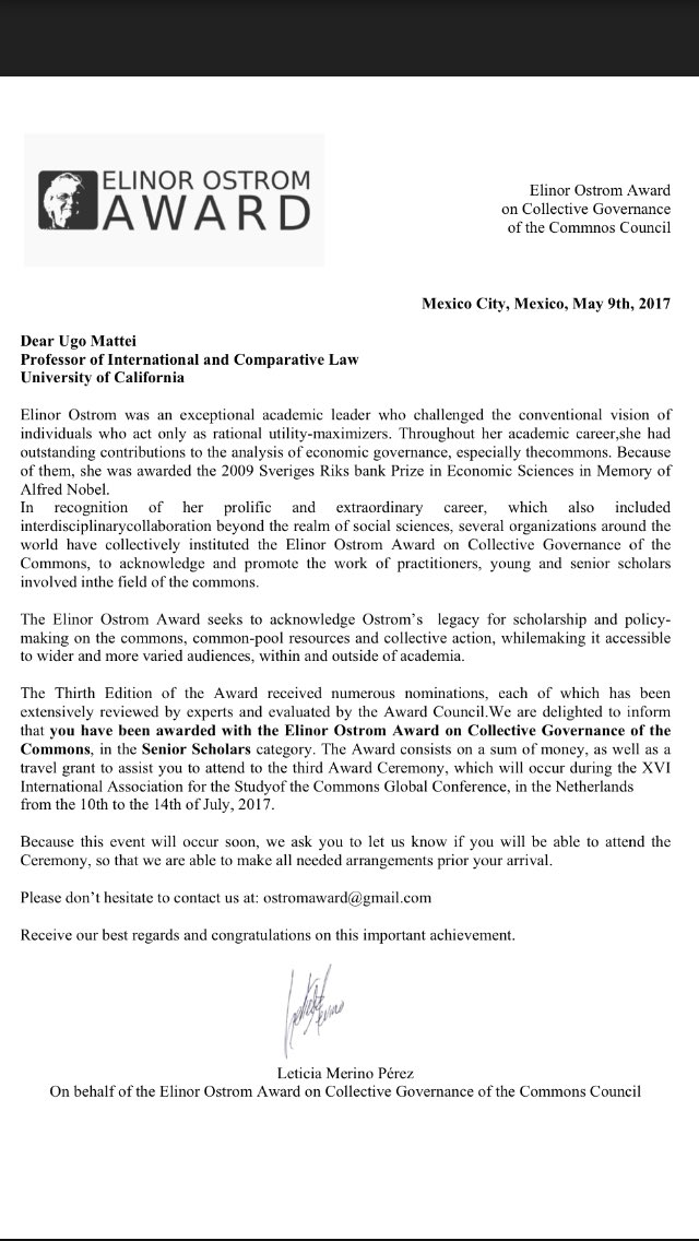 We proudly announce that our founder Prof @UgoMattei was awarded Elinor Ostrom Award for his work on the #commons! Congrats! #ostrom #award