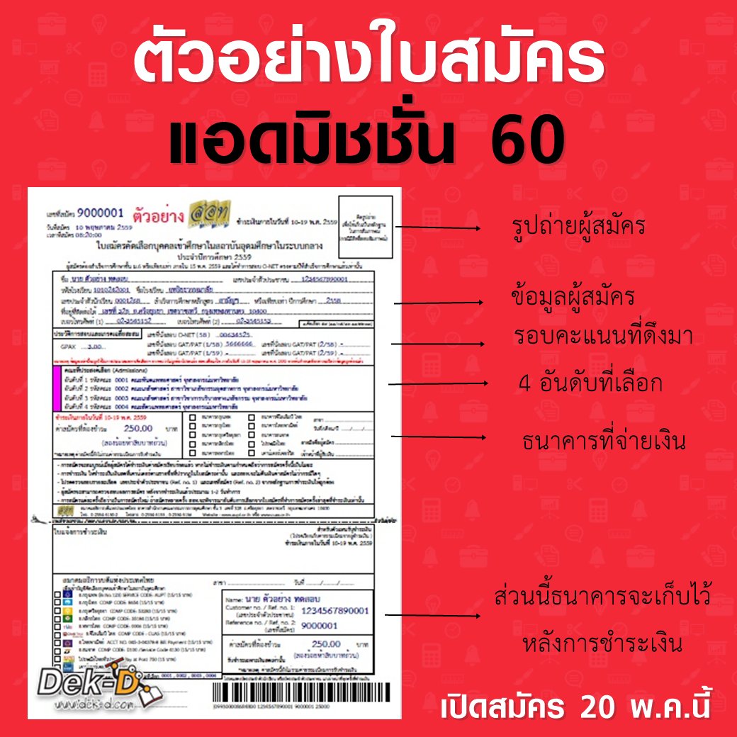 ตัวอย่างใบสมัครแอดมิชชั่น 60

-ไม่ต้องซื้อ
-จะได้หลังสมัครผ่านเว็บ
-นำไปจ่ายเงิน จะถูกฉีกเป็น 2 ส่วน
-ส่วนบนเราเก็บ ส่วนล่างธนาคารเก็บ