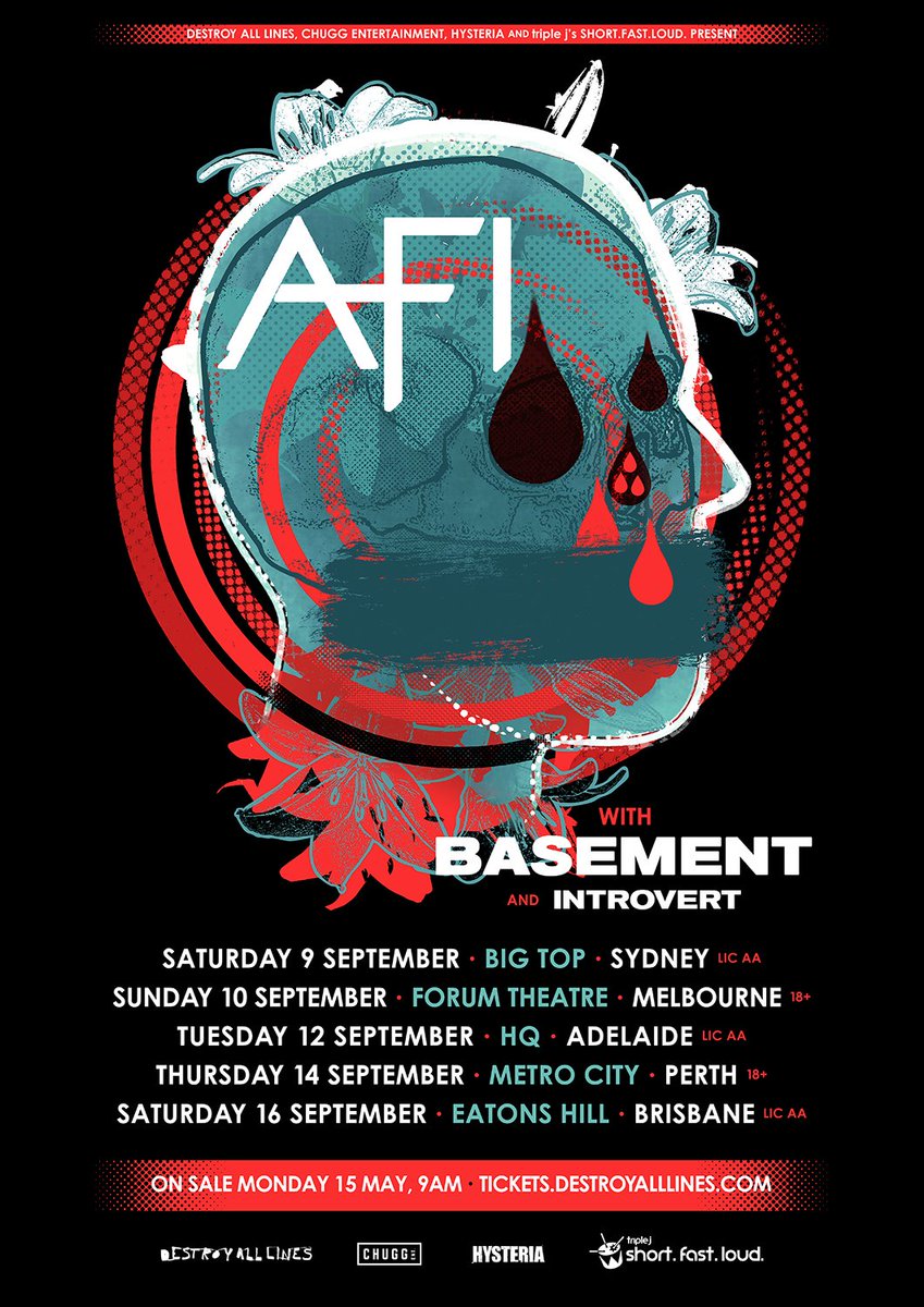 AFI's tweet photo. We are returning to AUS this September with special guests @basementuk and @introvertpunx. For all tour dates visit https://t.co/xwYHvsPr8C https://t.co/cUAZHpmjZW