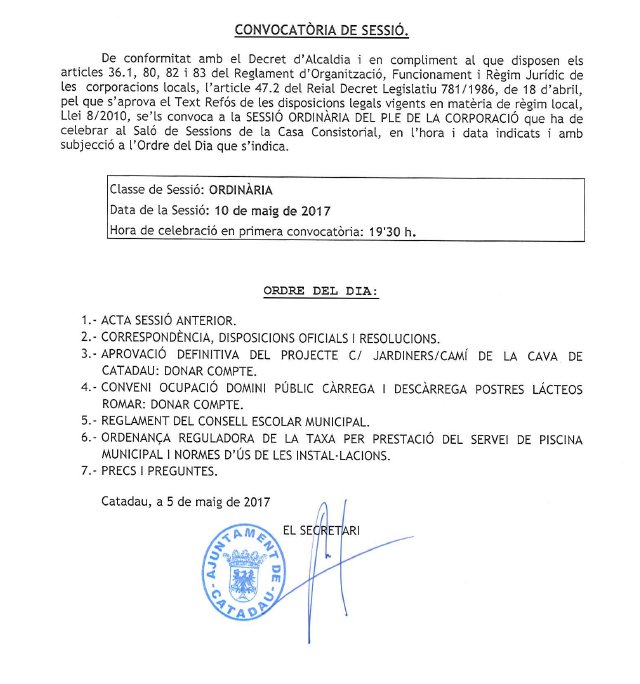 AjCatadau's tweet photo. Sessió Ordinària del Ple de la Corporació -> hui dimecres 10 de maig, al Saló de Plens a les 19.30 amb l’ordre del dia indicat en la imatge. https://t.co/rrV7B0RuhG