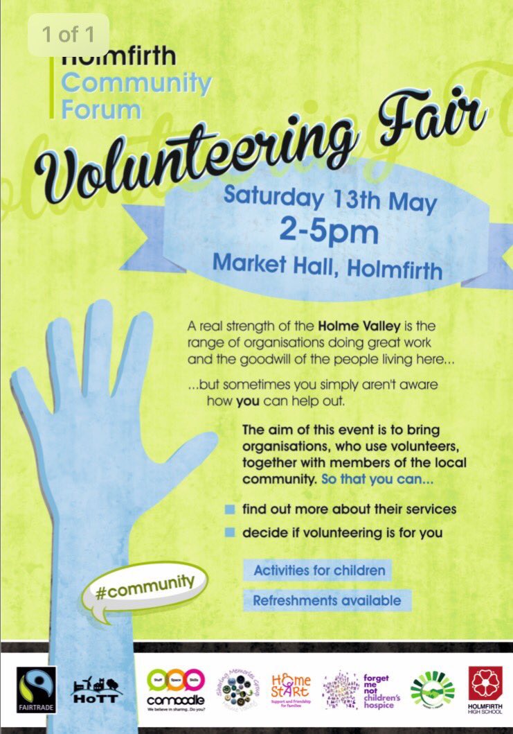 JasonMcCartney's tweet photo. Holmfirth Community Forum Volunteering Fair - this Saturday 13th May 1400-1700 Holmfirth Market Hall #CommunitySpirit @HolmfirthEvents https://t.co/DwrzZPWWqE