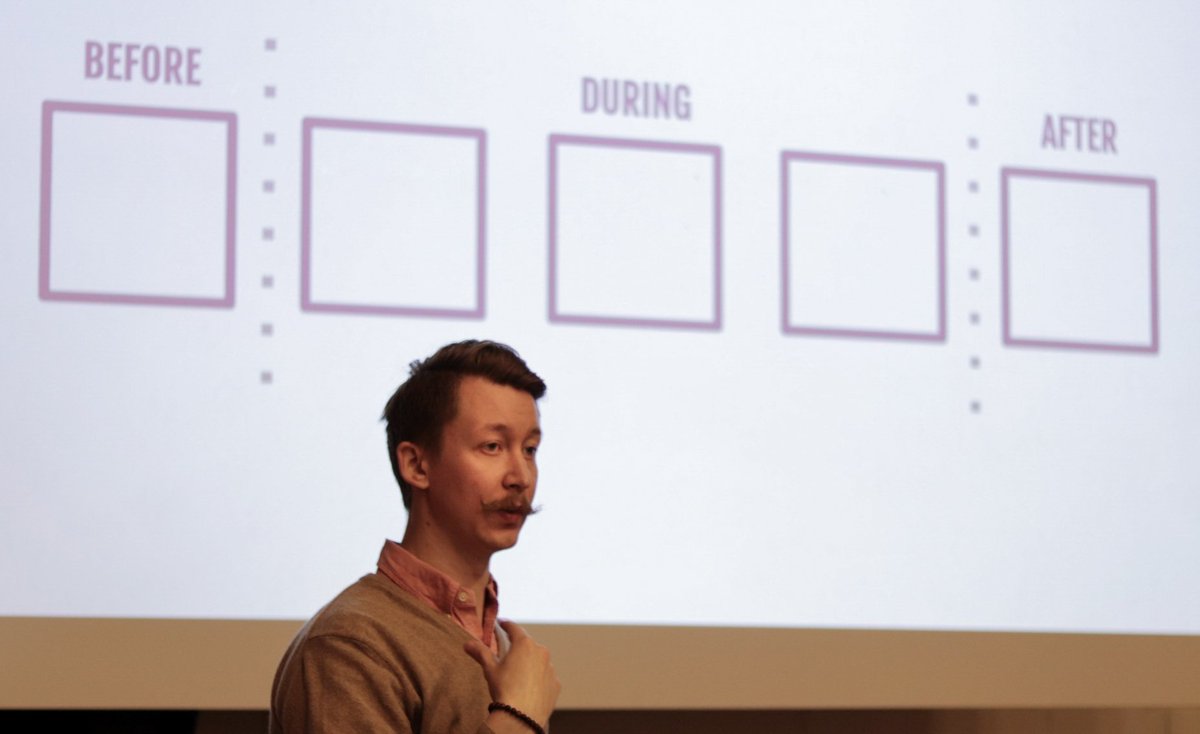 startupsauna's tweet photo. Juska Teittinen and his glamorous moustache working with the #spring17batch on de$ign usability https://t.co/v3e7K7x6Ym