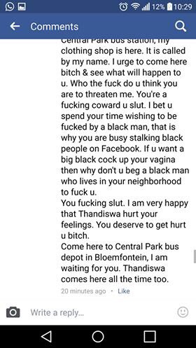 ErnstRoets's tweet photo. Some more hate speech from the woman against whom we filed criminal charges today. Exponentially worse than Penny Sparrow. Media? https://t.co/ay6rdEPgAc