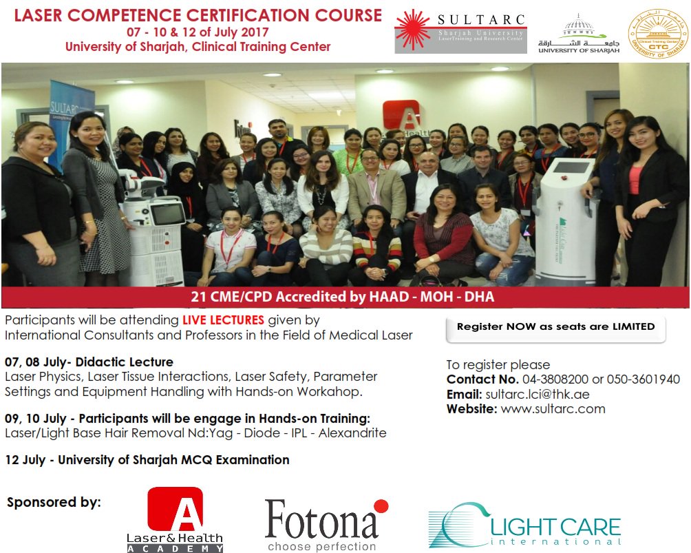 LCCSULTARC's tweet photo. Registration is now open for July 07-10 &amp; 12, 2017. 
#SULTARC_LaserTrainingCourse Accredited by #HAAD #MOH #DHA
#LaserCompetenceCourse https://t.co/Ye92XCHEpI