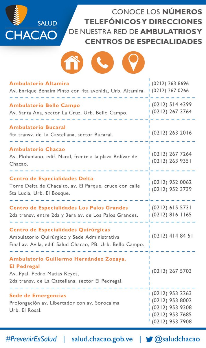 SaludChacao's tweet photo. Conoce aquí la #ubicación y números telefónicos de nuestra red de ambulatorios y centros de especialidades médicas. https://t.co/D2uLeJNwh6