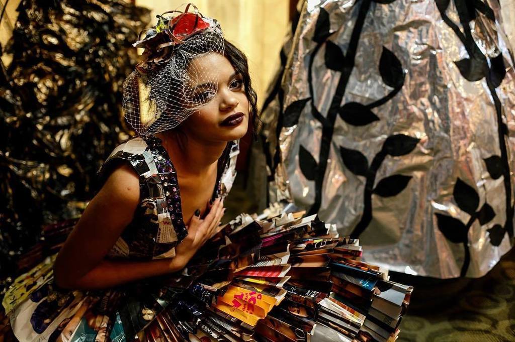 MakeTrashion's tweet photo. Model Ally Collins is wearing a design made from repurposed fashion magazines by Bertha Angelo of La Moo Designs. … https://t.co/e0u1xOP7NM https://t.co/e2X3kWBpVz